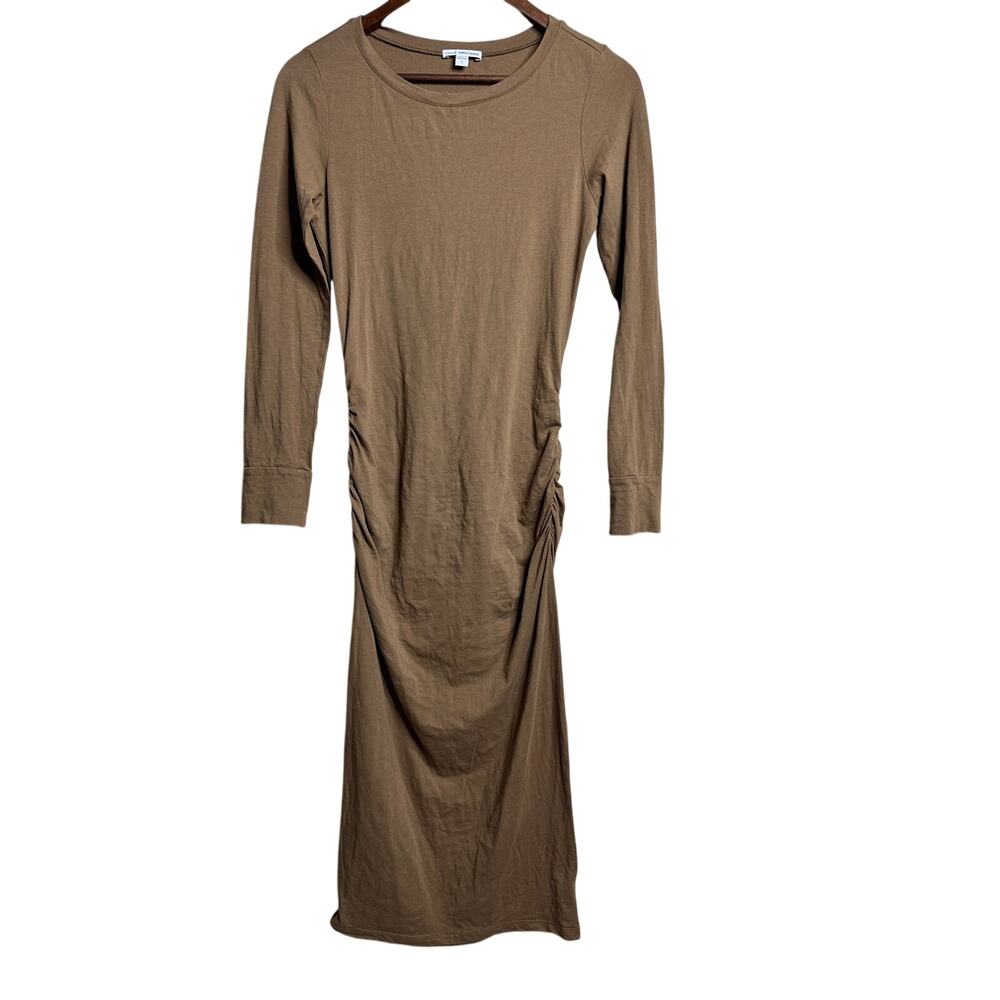 Standard James Perse Ruched Long Sleeve Midi Dress Cotton Stretch Brown size S